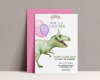May include: A white invitation with a green dinosaur wearing a party hat and holding balloons. The text reads "RAWRI Chloe is a THREE REX Stomp Chomp RAWRI Let's party like a dinosaur! July 26 2-6PM 24 Green Street, Redondo, CA RSVP to Mom 310 555 55 55"