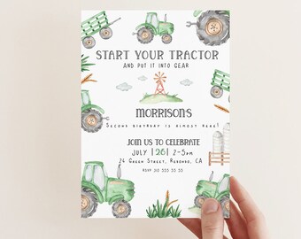 May include: A green and white tractor birthday invitation with the text "Start Your Tractor and Put It Into Gear" and "Morrison's Second Birthday is Almost Here!"  Join us to celebrate July 26th 2-5pm 24 Green Street, Redondo, CA RSVP 310 555 55 55