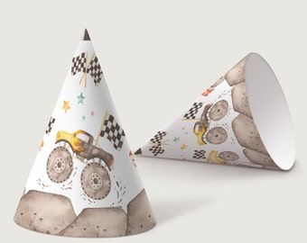 May include: Two party hats with a monster truck and checkered flag design. The hats are white with brown, yellow, black, and blue accents.