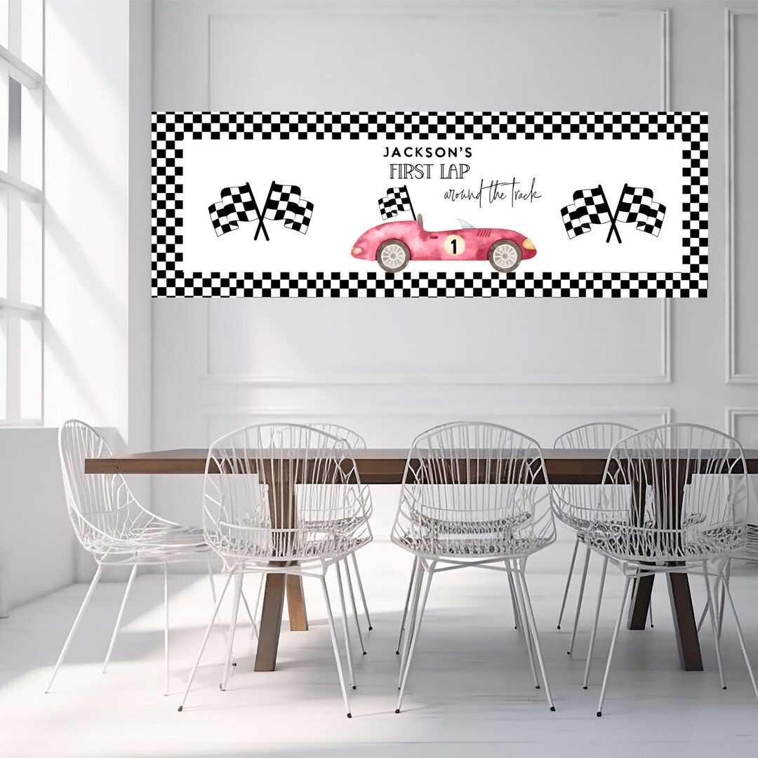 Race Car 1st Birthday Backdrop: Fast One, First Lap Banner, Editable ...