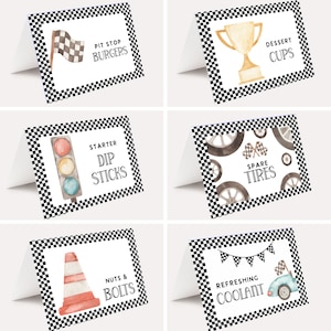 Étiquette de tente de nourriture de voiture de course, étiquettes de nourriture de voiture de course, cartes de tente d'anniversaire, étiquettes de nourriture d'anniversaire, modèle de coureur bleu d'arrêt au stand de voiture de course imprimable
