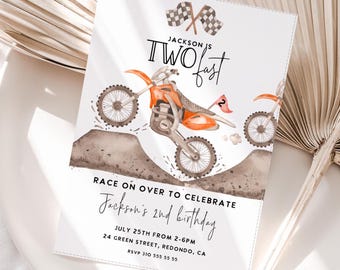May include: A white invitation with a watercolor illustration of a dirt bike. The text reads "Jackson is Two Fast" and includes details for a birthday party.
