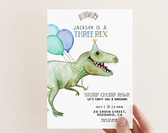 Three Rex Dinosaur 3rd Birthday Invitation: Editable Dino Party (Digital Download)