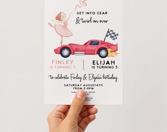 Joint Race Car Ballet Birthday Invitation: Siblings Party Template (Digital Download)