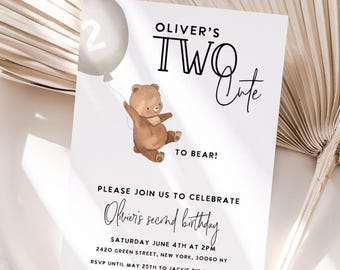 Teddy Bear 2nd Birthday Invitation: Two Party (Digital Download