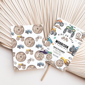Peut inclure: Une invitation &agrave; une f&ecirc;te d'anniversaire avec une illustration aquarelle de camions monstres et de pneus. L'invitation indique "Ride On Over Morrison a 5 ans" et comprend la date, l'heure et le lieu de la f&ecirc;te.