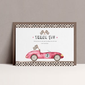 Raceauto bedankkaart, TWEE SNELLE bedanktag, tweede verjaardag, racer, oldtimer, 2e verjaardag auto uitnodigen, bewerkbare afdrukbare