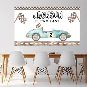 Race Car Birthday banner backdrop, TWO FAST backdrop,  Modern boy birthday banner, Racecar invite, printable template, instant download