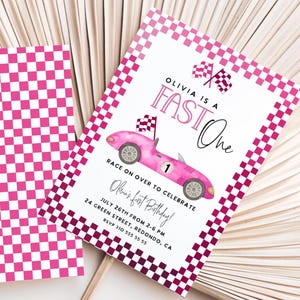 Pink Race Car birthday invitation, FAST ONE, 1st birthday, Girl birthday party, pink racer, Vintage Race Car Party, Racing Cars, Editable