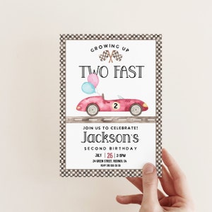 Dois convites de aniversário rápido editáveis, convite de aniversário de carro de corrida, segundo aniversário de carro vintatge, aniversário de menino, download de modelo para impressão corjl