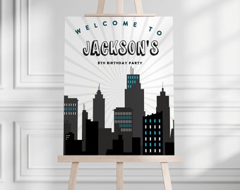 Superhero  Birthday Welcome Sign, Superhero Welcome poster, Any Age, birthday party, DIY birthday, boy, Editable template,  INSTANT DOWNLOAD