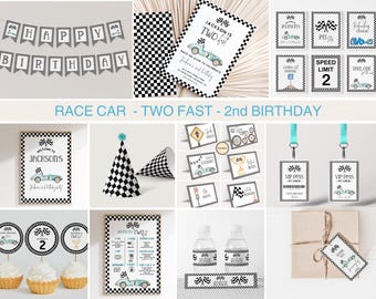 Pacchetto "Due auto da corsa veloci" per il secondo compleanno: decorazioni per feste modificabili, bandiera a scacchi da corsa (download digitale)
