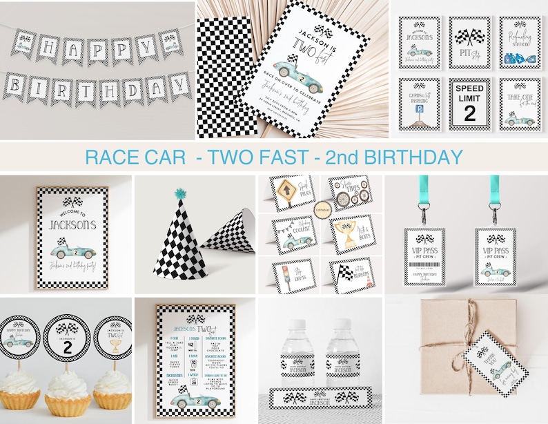 May include: A collection of race car-themed party decorations. Includes a banner that says "Happy Birthday", invitations, signs, cupcake toppers, VIP passes, and water bottle labels. The color scheme is black, white, and light blue.