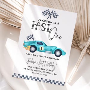 FAST ONE race car birthday invitation, 1st birthday, Race car invitation, race car party, first lap, bue vintage race car, editable, print