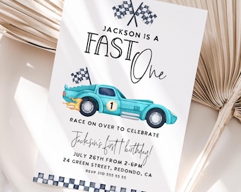 Race Car 1st Birthday Invitation: Vintage Blue, Fast one invite, Editable (Digital Download)