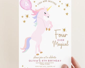 Editable Unicorn birthday invitation, Four ever magical, 4th birthday invite, Unicorn party,  Magical birthday, fourth birthday, printable
