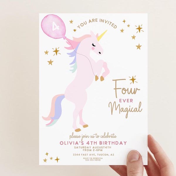 Editable Unicorn 4th Birthday Invitation: Four Ever Magical (Digital Download 5x7" PDF/JPEG Template)