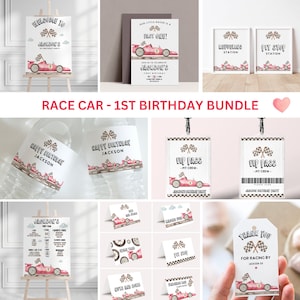Race Car Birthday party bundle, FAST ONE birthday, First Birthday, vintage car invite, 1st birthday, boy birthday invite editable printable