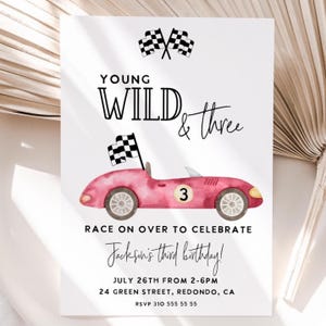 Vintage Racecar 3rd Birthday Invitation: Young Wild & Three, checked race flag Template, Digital Download