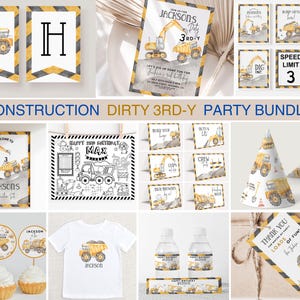 Könnte beinhalten: Ein Party-Set zum Thema Baustelle mit gelben Muldenkippern und Baggern auf Einladungen, Schildern, Cupcake-Toppern, Wasserflaschenetiketten, einem weißen T-Shirt und Partyhüten. Die Designs enthalten schwarz-gelbe Warnstreifen.