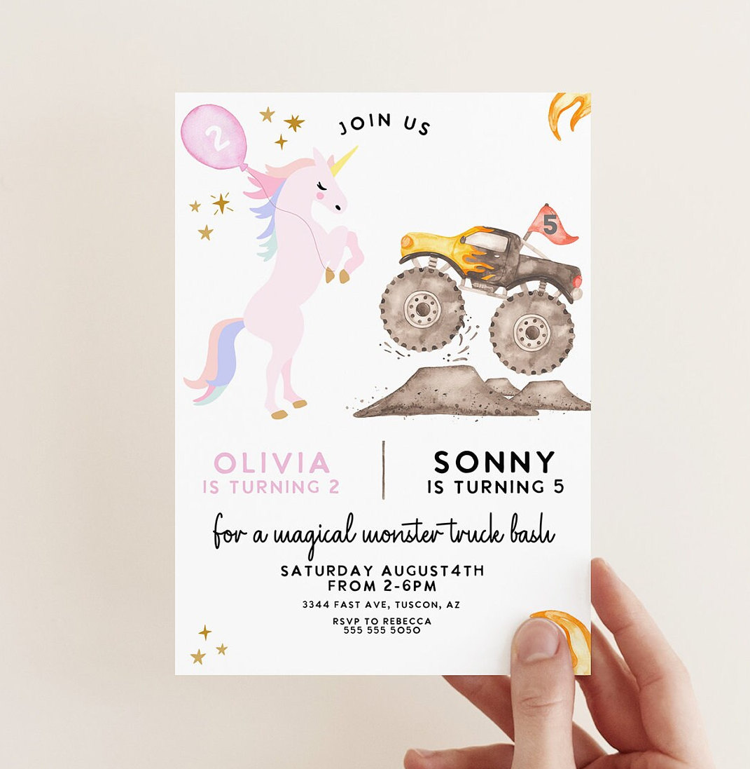 Editable Monster Truck unicorn joint Birthday invitation, Any Age, Monster truck bash magical unicorn birthday, template printable
