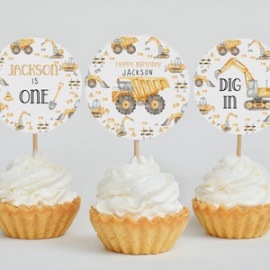 Construction birthday cupcake toppers, cake decor, digger party, construction party, truck birthday, boy birthday party,  editable download
