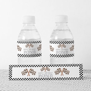 Bewerkbare Race Car waterfleslabels, waterlabels 1e verjaardag 2e verjaardag, Raceauto verjaardag, Racing party boy verjaardag vrachtwagen afdrukbaar