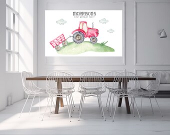 May include: A red tractor with a red wagon pulls behind it. The tractor is on a green hill with white clouds in the sky. The text "MORRISON'S FIRST BIRTHDAY PARTY" is at the top of the image.