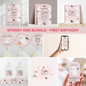 Halloween Birthday BUNDLE, Spooky one birthday,  first birthday party bundle, cute ghost invite 1st birthday, pink editable printable