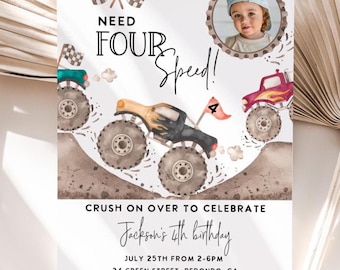 Need FOUR Speed Monster Truck Photo Birthday Invitation: Editable, Printable (Digital Download)