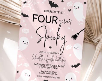 Cztery upiorne zaproszenia urodzinowe na Halloween: Różowy duch, edytowalne (pobieranie cyfrowe)