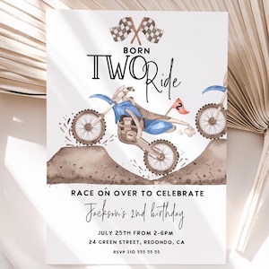 Blue Dirt Bike 2nd Birthday Invitation: Born Two Ride, boy party, motocross (PRINTABLE)