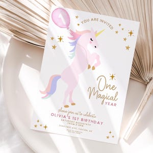 Editable Unicorn birthday invitation, pink unicorn, 1st birthday invite, Unicorn party, One Magical birthday, first birthday, printable