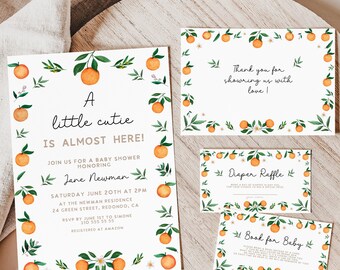 May include: Baby shower invitations and cards with an orange and green botanical design. The invitation reads "A little cutie is almost here!" and includes event details. Additional cards include "Thank you" and "Diaper Raffle."