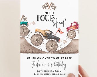 Invito di compleanno a tema Monster Truck / 4° compleanno a tema Need Four Speed / Invito per feste modificabile / Modello Corjl / Download immediato