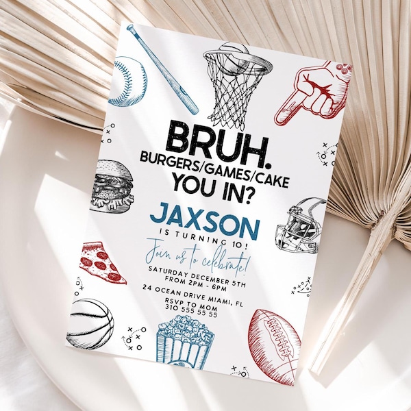 Editable Bruh Sports Birthday Invitation: Football, Basketball, baseball (Digital Download, 5x7in, Corjl Template)