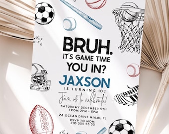 Invitación de cumpleaños de Bruh Sports: Fiesta editable para jugar (imprimible)