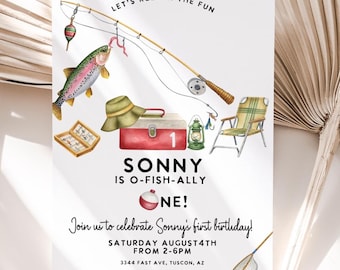 Invitación de cumpleaños de pesca "O-Fish-ally One", primer año (descarga digital editable)