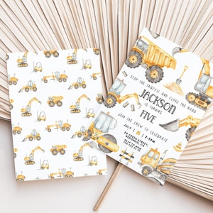 May include: Construction vehicle themed birthday party invitation with a yellow dump truck, excavator, and bulldozer. The invitation says "Stop the traffic and close the road, Jackson is turning five. Join the crew to celebrate July 26, 2-5pm, 24 Green Street, Redondo, CA. RSVP to Mom 310 555 55 55."