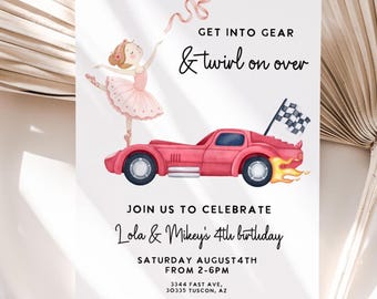Ballerina race car Joint Birthday Invitation: Siblings Party, racecar and Tutu Template (Digital Download)
