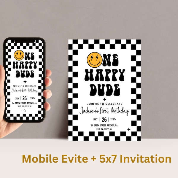 One happy dude invite, mobile Happy face Birthday invitation, dude birthday, boy birthday, first birthday, one,template, instant download