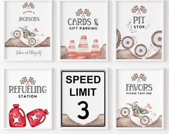 Cartelli decorativi per feste a tema moto da cross: rifornimento, pit stop, benvenuto, compleanno in gara (stampabili)