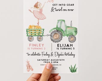 Tractor and ballerina Joint Birthday Invitation: Get into Gear Tutu party Template (Digital Download)