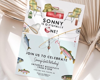Invitación de primer cumpleaños de pesca, O-fishally One, plantilla editable (descarga digital)