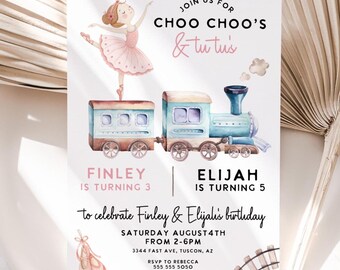 Ballerina and choo-choo train Joint Birthday Invitation: Siblings Party,  chugga Tutu partyTemplate (Digital Download)