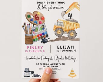 Art and Construction Joint Birthday Invitation: Sibling bday Party, Any Age (Editable Template)