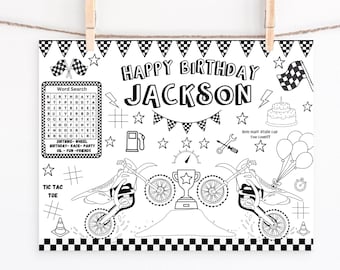 May include: A black and white printable coloring page featuring a motocross theme. The page includes a word search, tic-tac-toe game, and a birthday message that says "Happy Birthday Jackson".