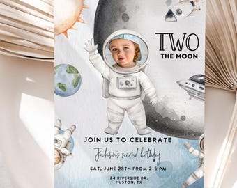 Two the Moon 2nd Birthday invitation, Outer Space party, Boy Astronaut  Photo invite, Editable Template