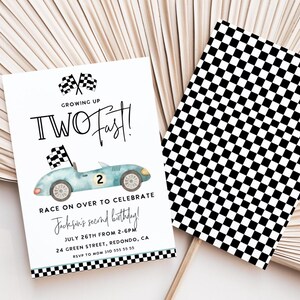 May include: Birthday party invitation with a racing theme. The invitation features a light blue race car illustration, checkered flags, and the text "TWO Fast!" The invitation also includes the event details: date, time, location, and RSVP information.
