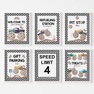 May include: Six printable signs with a monster truck theme for a birthday party. The signs feature black and white checkered backgrounds with text that reads "Welcome to Jackson's Birthday Bash", "Refueling Station", "Pit Stop Station", "Gift Parking Only", "Speed Limit 4", and "Treats for the Crew!"